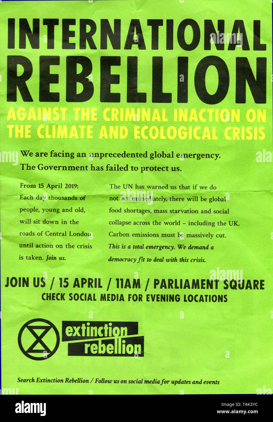 Extinction rebellion leaflet. Stock Photo