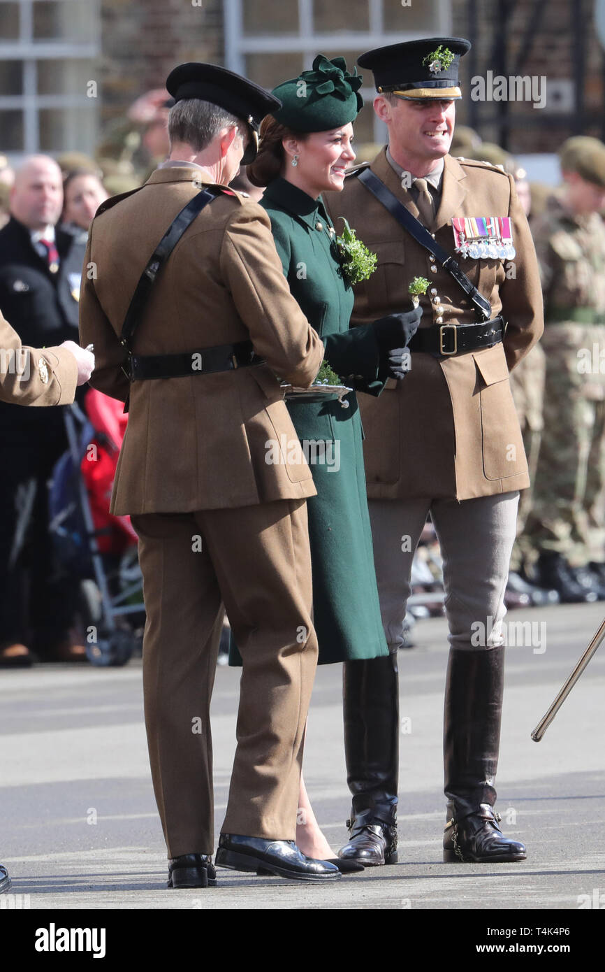The Duke of Cambridge, Colonel of the Irish Guards, accompanied by The Duchess of Cambridge, visits the 1st Battalion Irish Guards at their St. Patrick's Day Parade at Cavalry Barracks, Hounslow.  Featuring: Catherine, Duchess of Cambridge, Kate Middleton Where: London, United Kingdom When: 17 Mar 2019 Credit: John Rainford/WENN Stock Photo