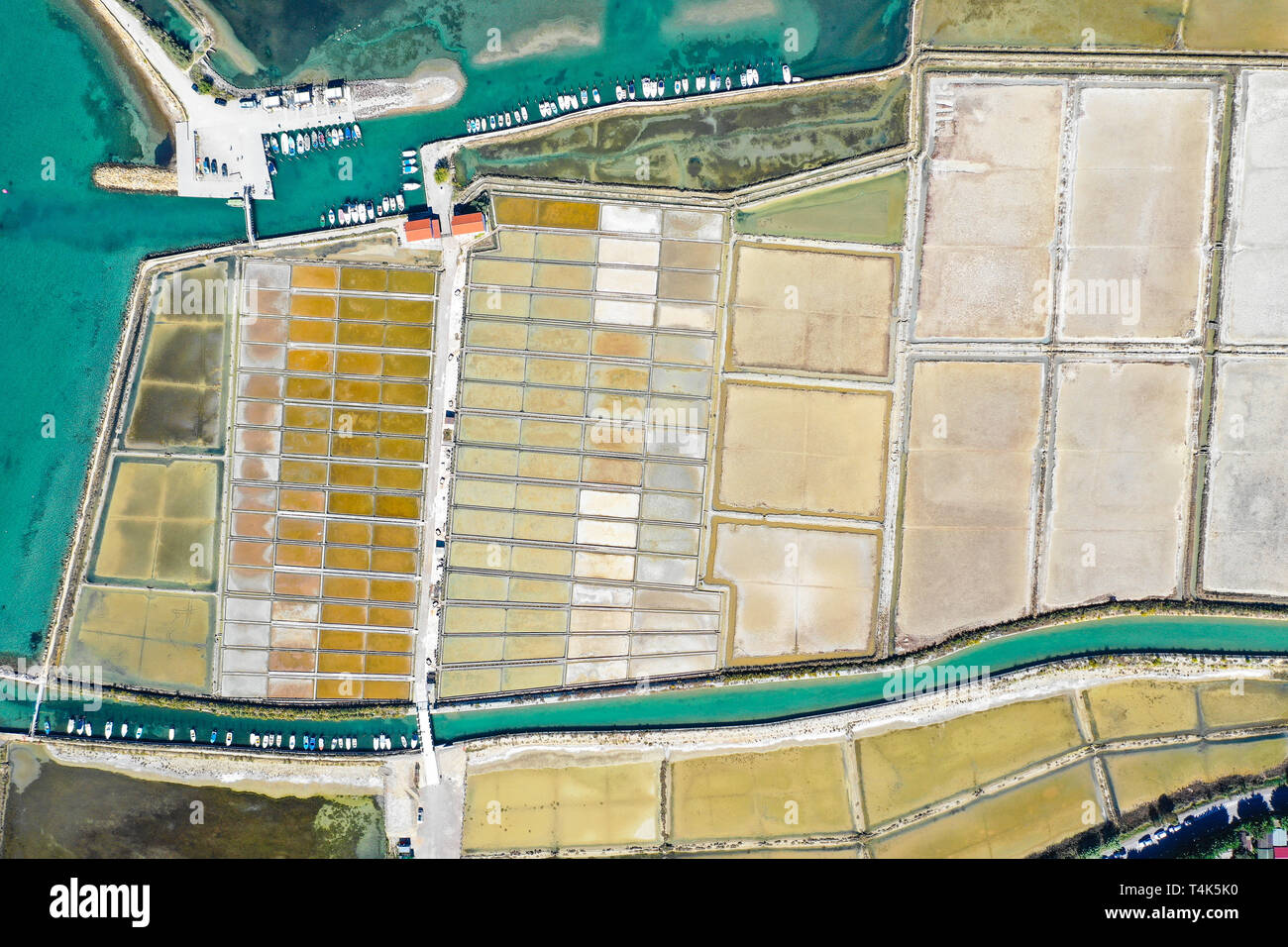 Aerial birds view from the sky of a salt pans fields structure and ...