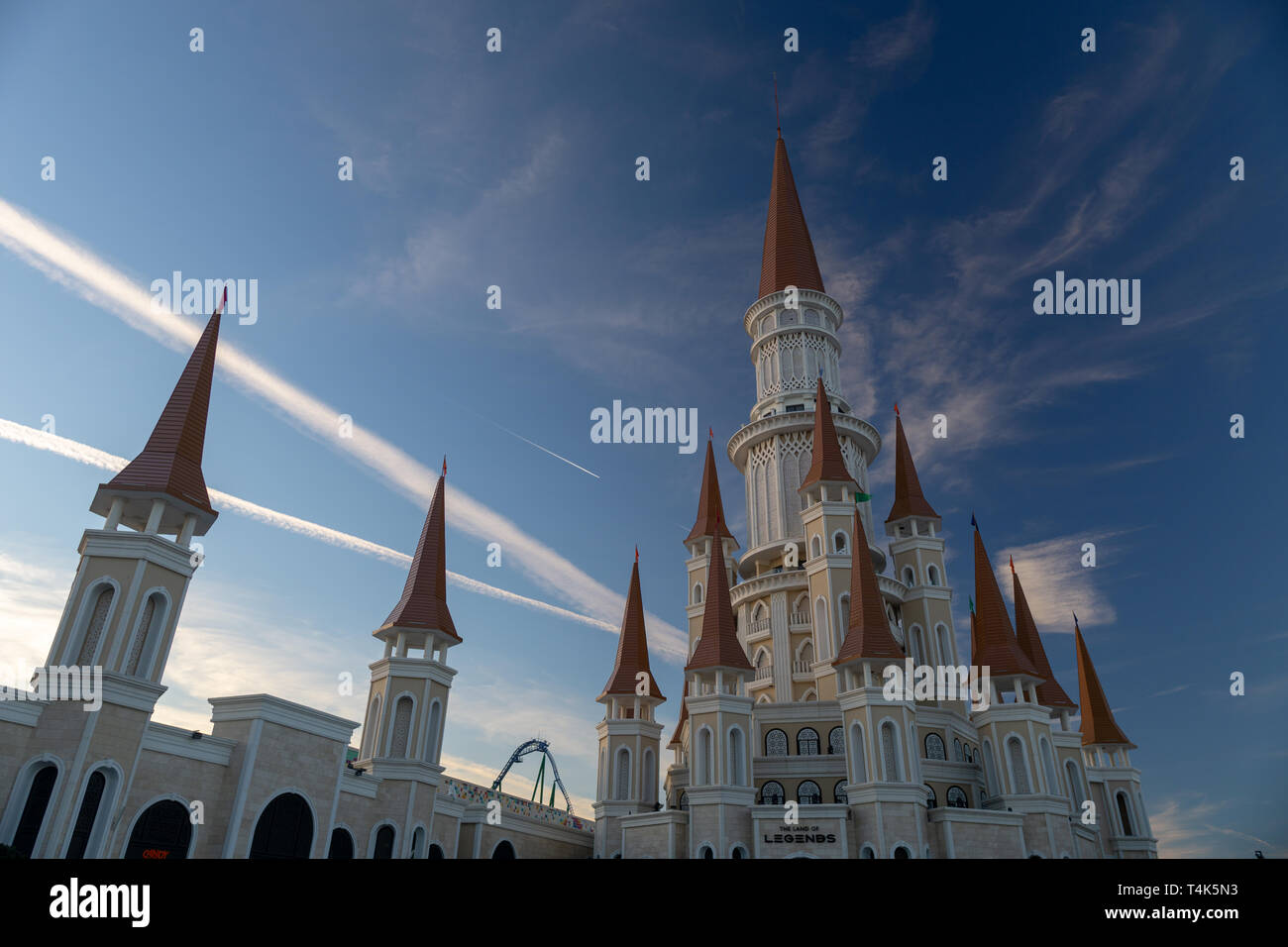 Antalya, Turkey - 1st December 2018: Iconic castle view in Land of Legends theme park. Fairy castle with blue sky in the background. Daytime. Stock Photo