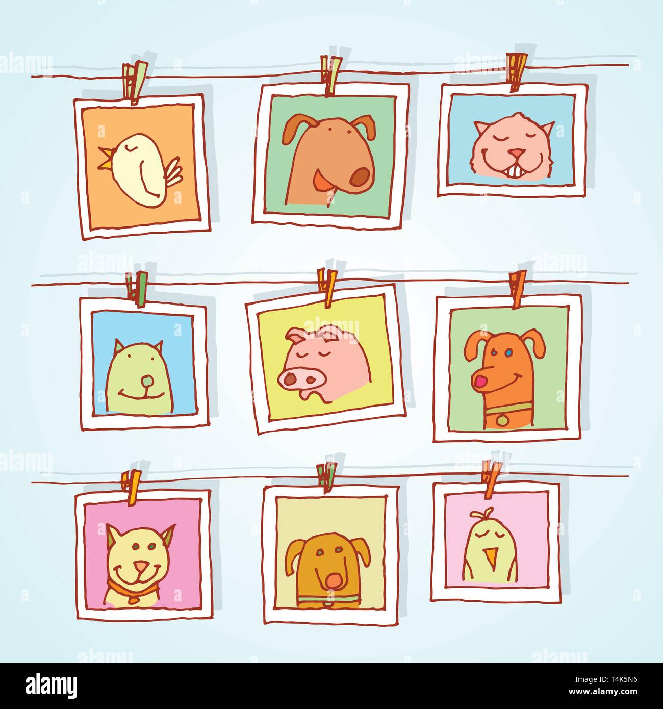 Set picture frames with animals portrait, hand drawn vector