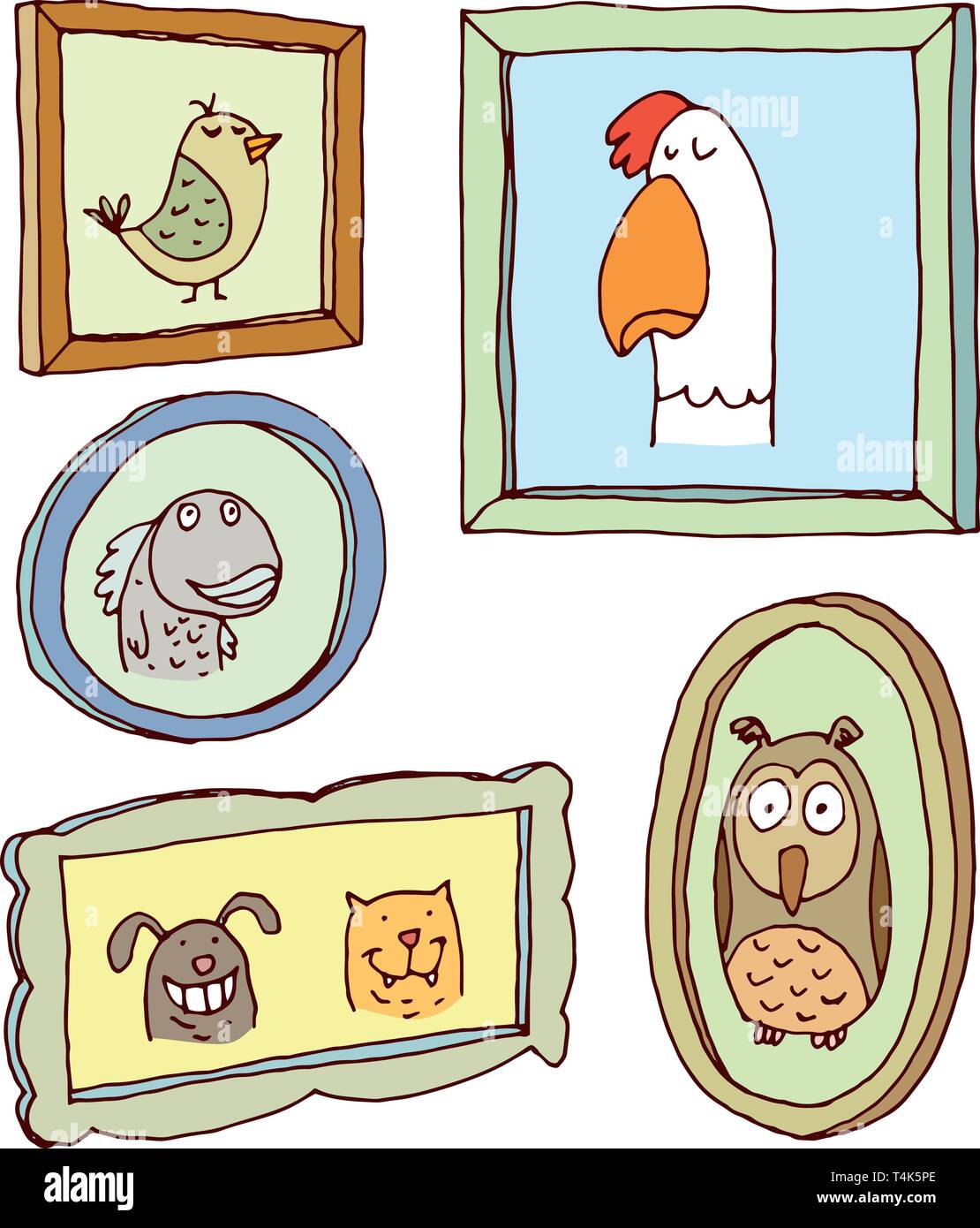 Set picture frames with animals portrait, hand drawn vector
