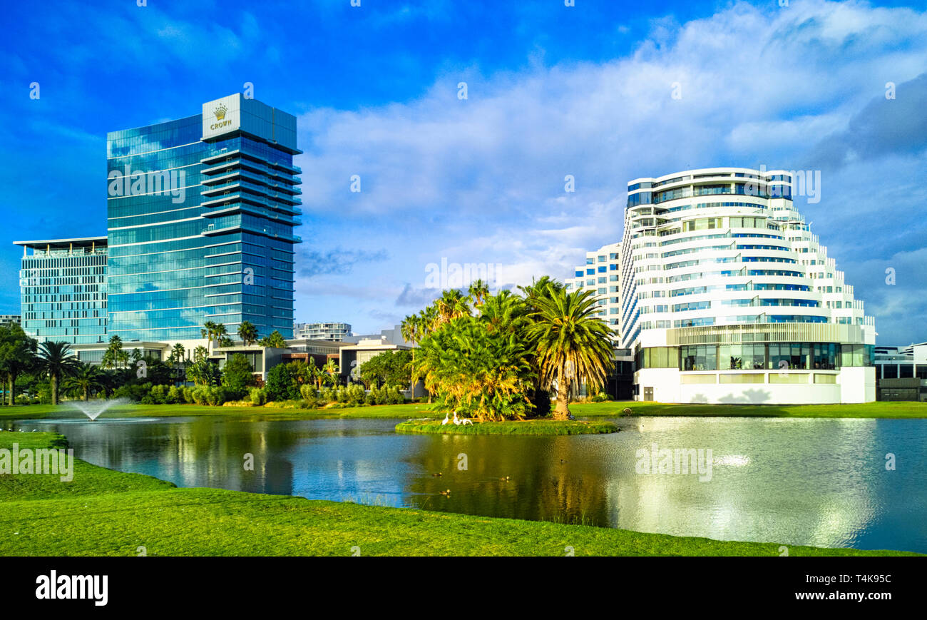 Crown Casino with Crown Metropol hotel on the right and Crown Towers hotel on the left. Burswood, Perth, WA Stock Photo