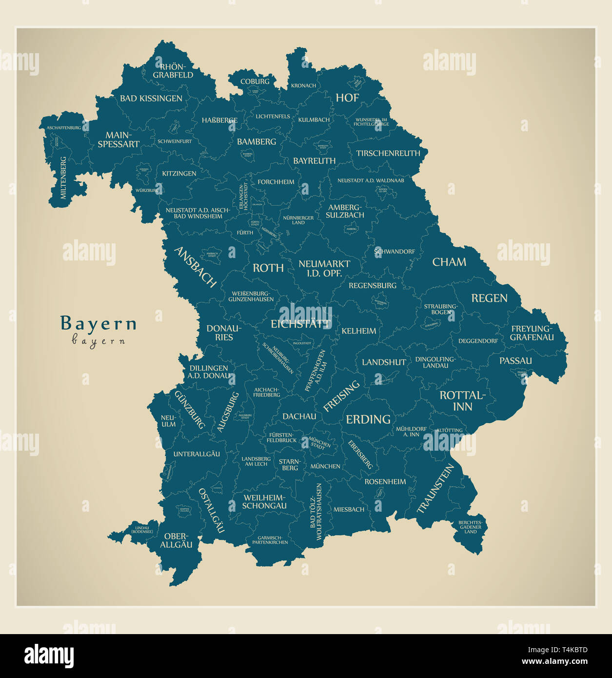 Modern Map - Bavaria map of Germany with counties and labels Stock Photo