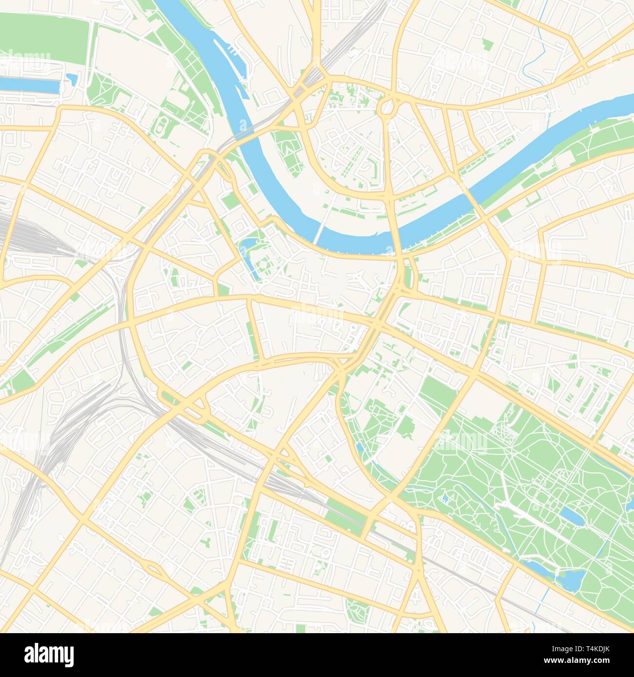 Printable map of Dresden, Germany with main and secondary roads and larger railways. This map is carefully designed for routing and placing individual Stock Vector