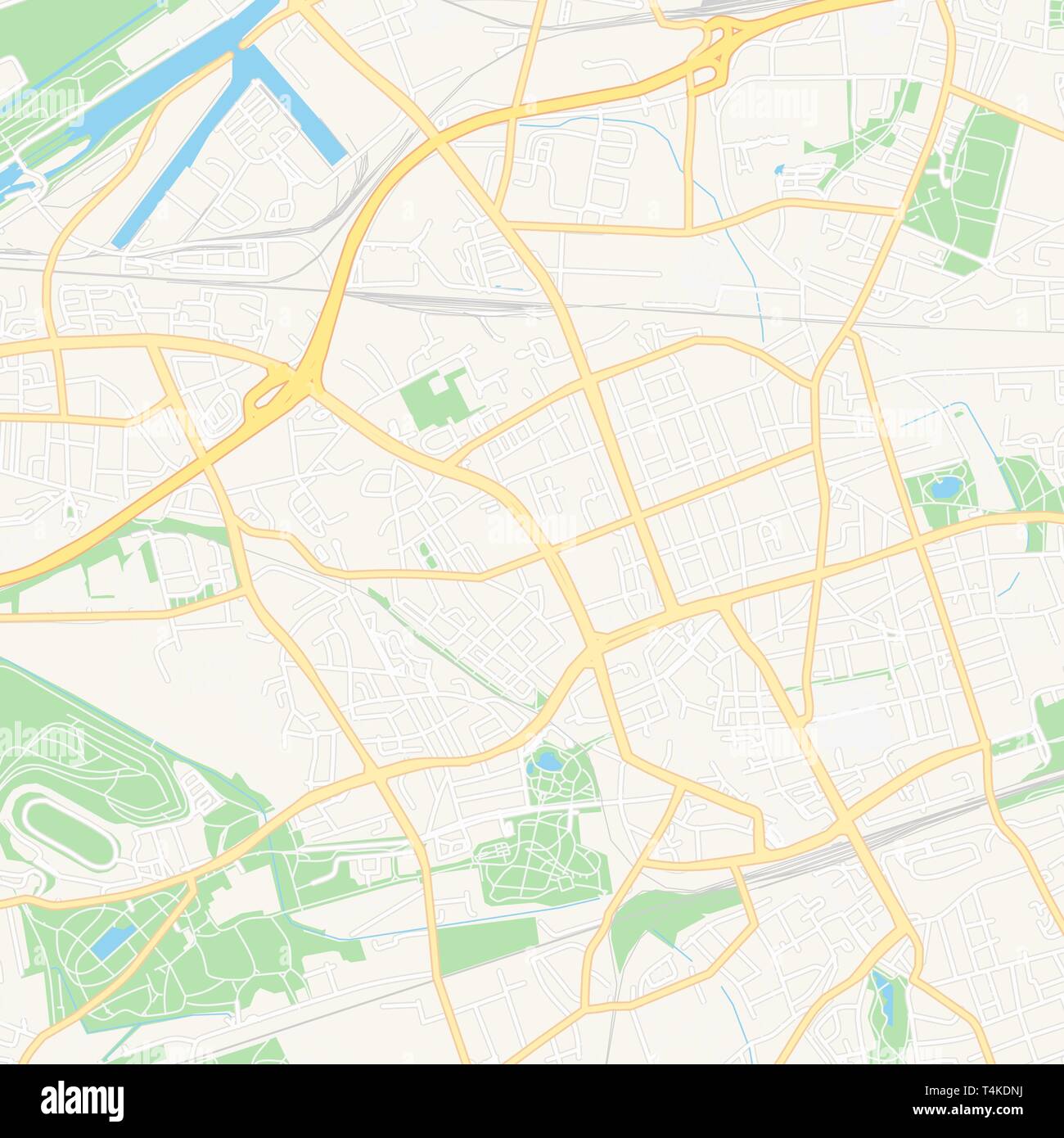 Printable map of Gelsenkirchen, Germany with main and secondary roads and larger railways. This map is carefully designed for routing and placing indi Stock Vector