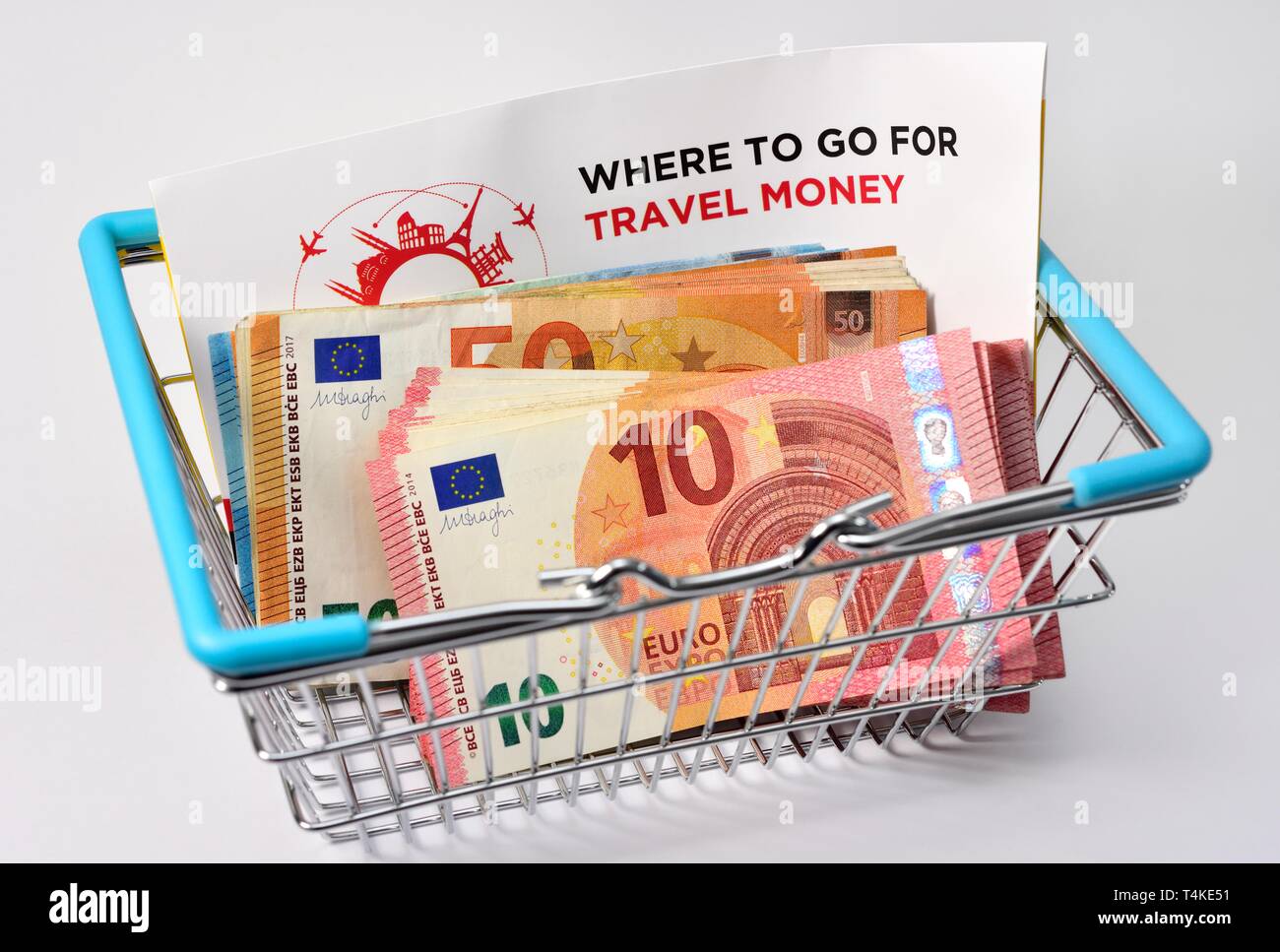 Travel money concept,shopping basket,euro bank notes, Stock Photo