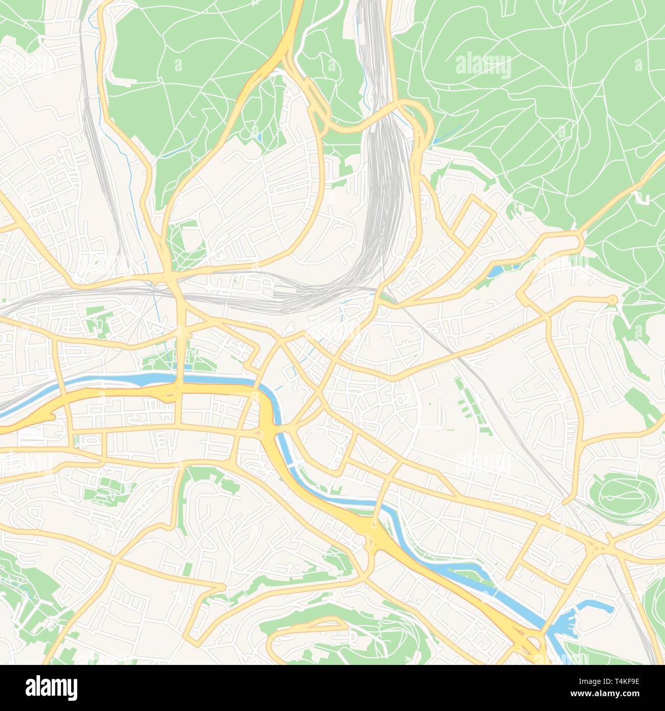 Printable map of Saarbrucken, Germany with main and secondary roads and larger railways. This map is carefully designed for routing and placing indivi Stock Vector