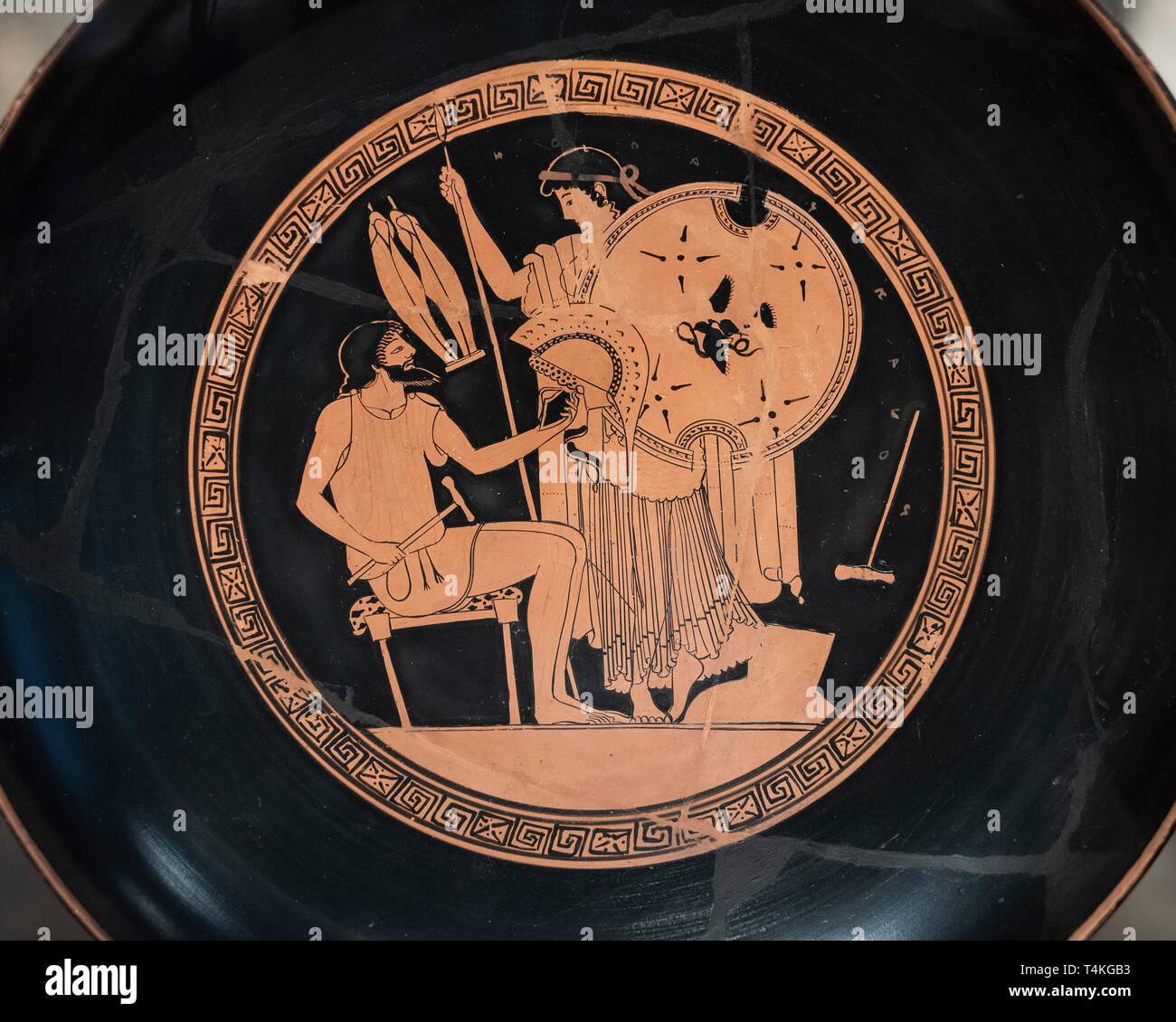 Berlin. Germany. Altes Museum. Drinking Cup of the Foundry Painter: Hephaestus gives Thetis weapons for Achilles. Attic red-figure Cup / Kylix, clay,  Stock Photo