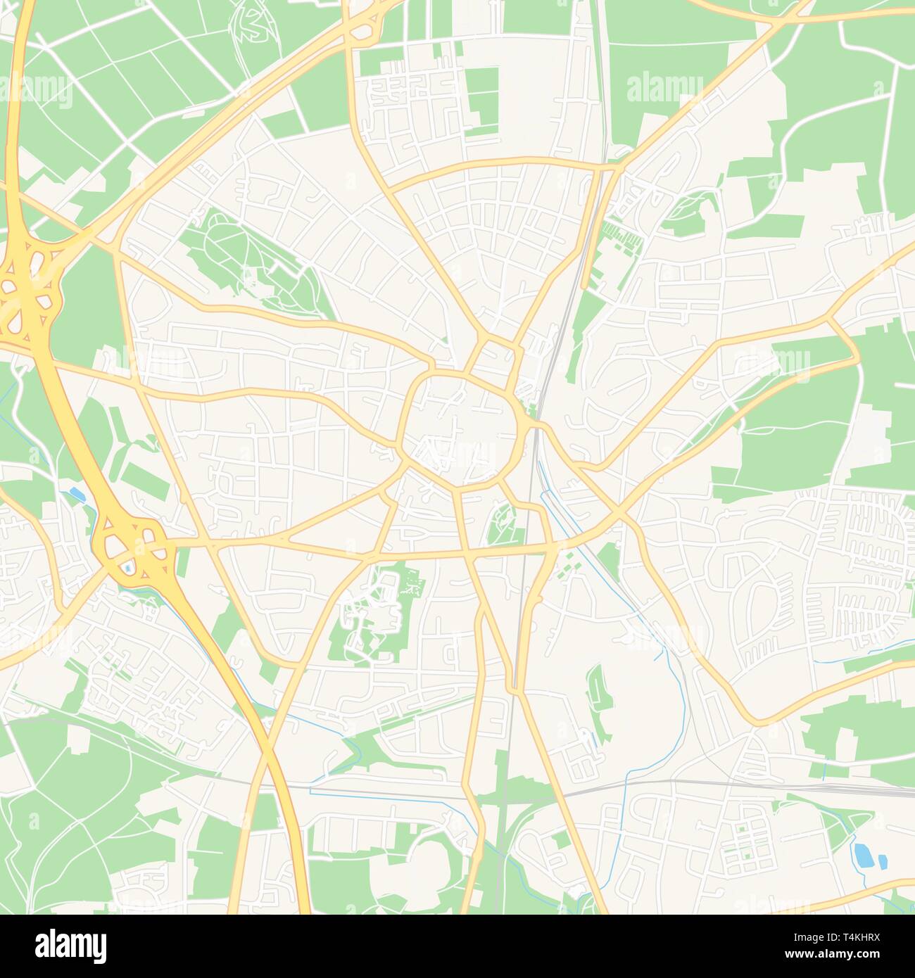 Printable map of Recklinghausen, Germany with main and secondary roads and larger railways. This map is carefully designed for routing and placing ind Stock Vector