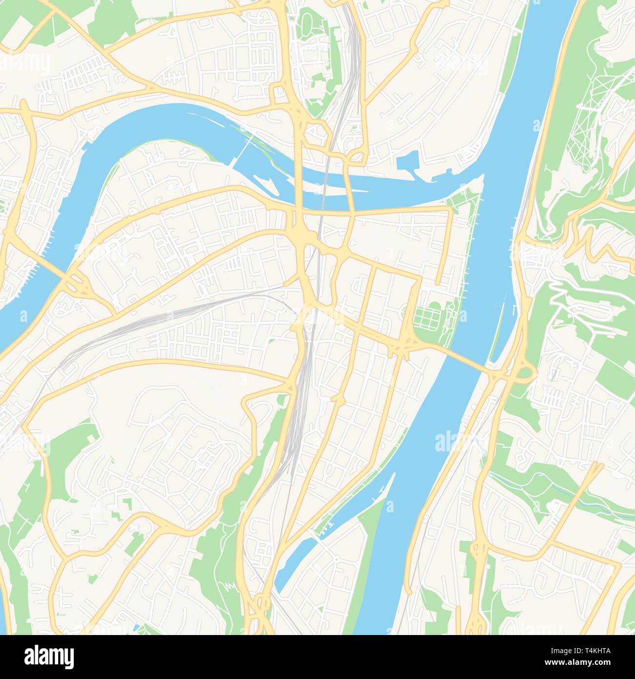 Printable map of Koblenz, Germany with main and secondary roads and larger railways. This map is ...