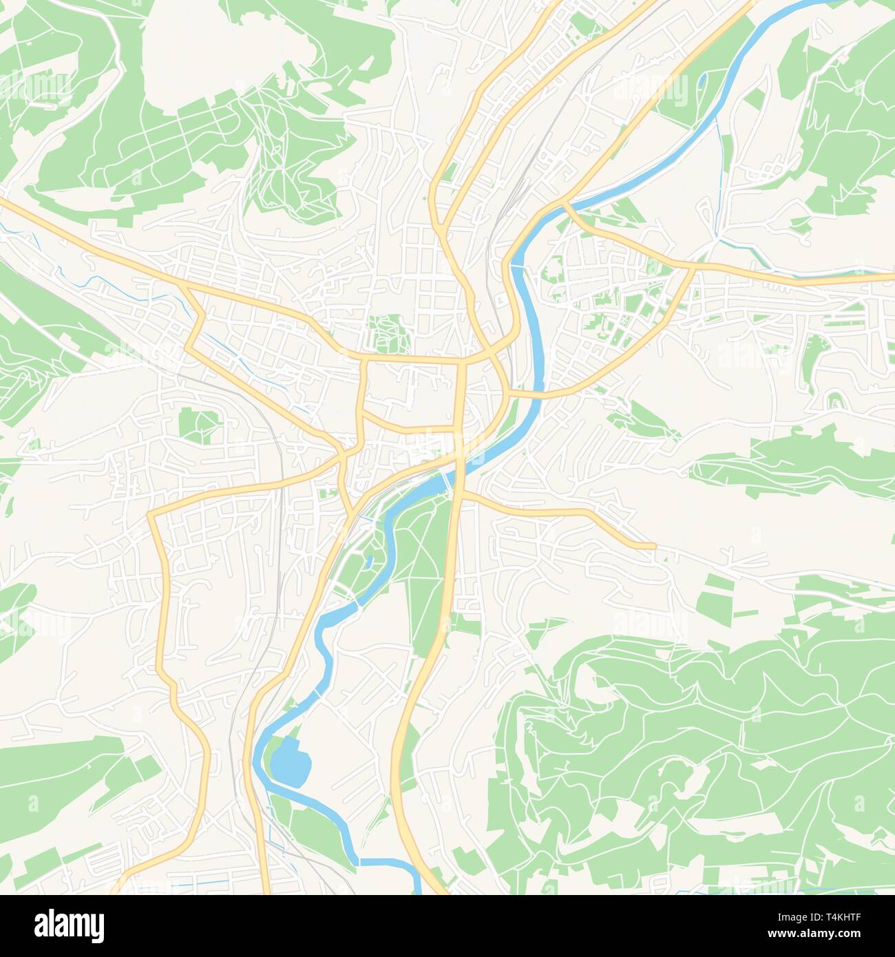 Printable map of Jena, Germany with main and secondary roads and larger railways. This map is