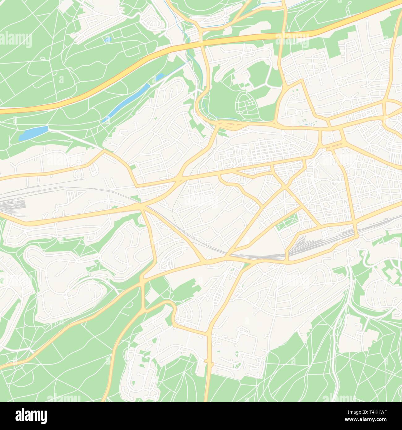 Printable map of Kaiserslautern, Germany with main and secondary roads and larger railways. This map is carefully designed for routing and placing ind Stock Vector