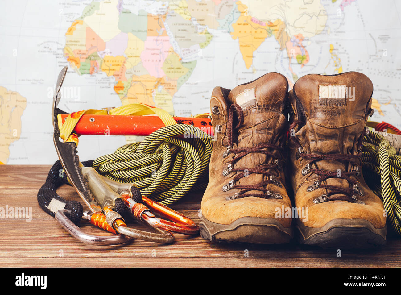 Equipment for highaltitude climbing boots, sport ropes, carbines on