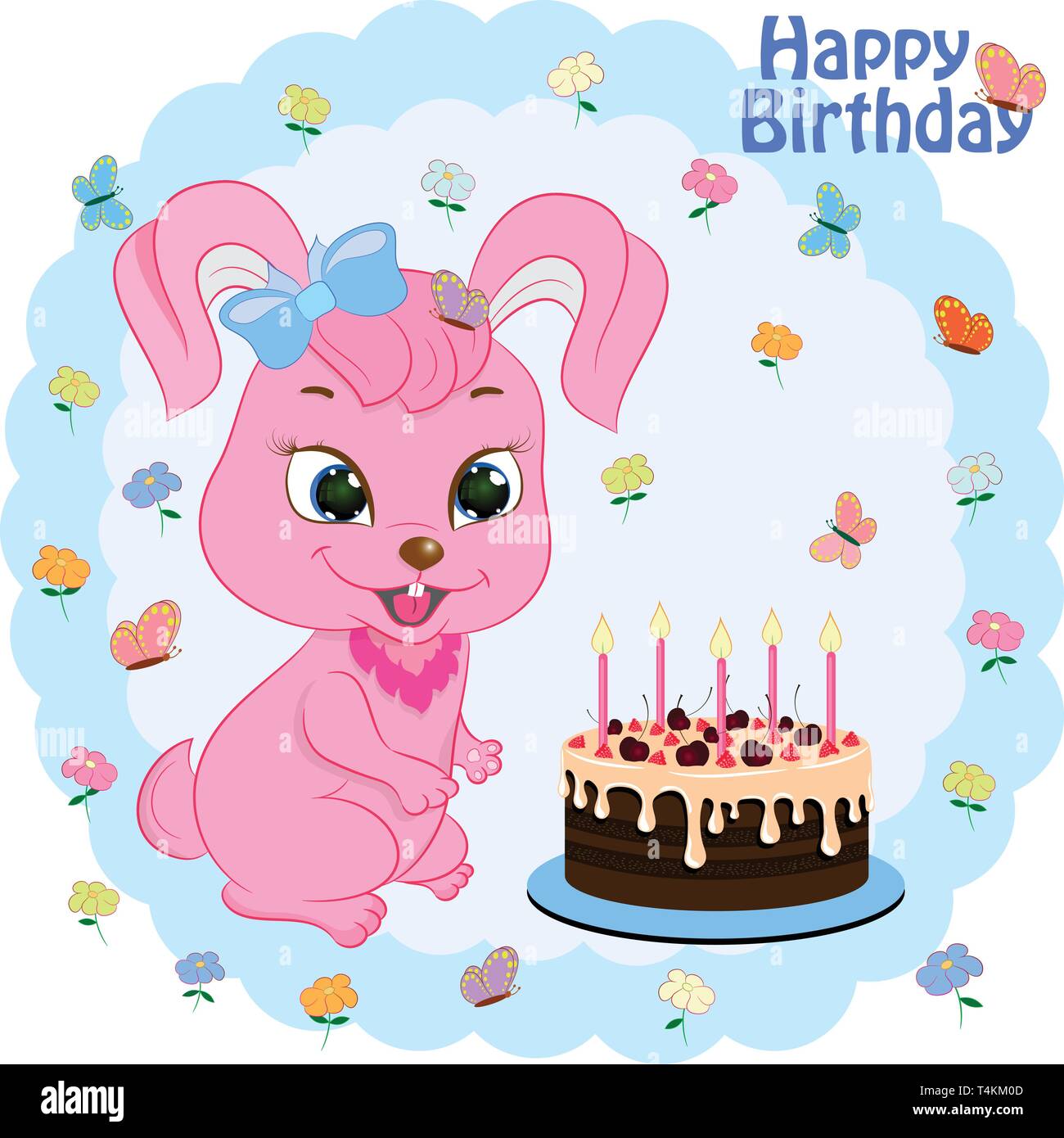 birthday greeting card with little bunny. cartoon vector illustration