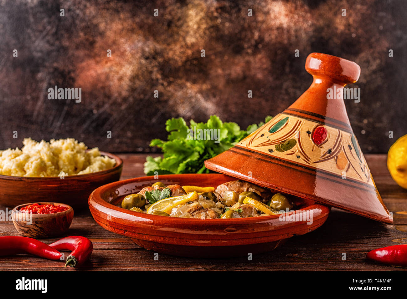 Traditional Moroccan chicken tagine with olives and salted lemons