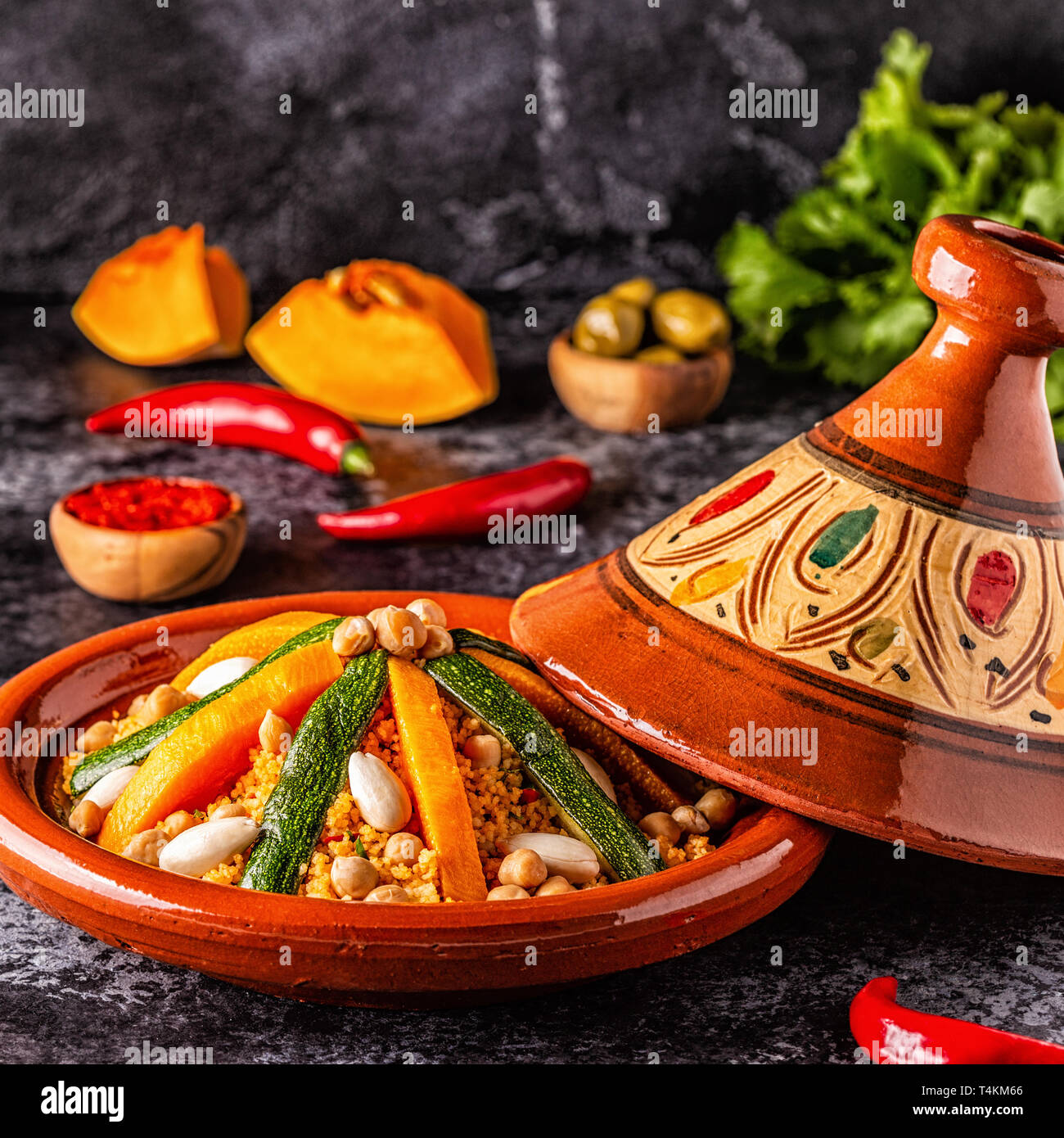 Vegetable tagine with almond and chickpea couscous, selective focus