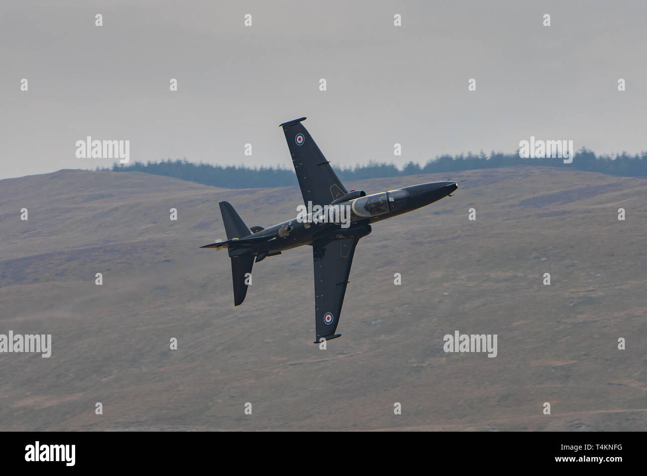 An RAF Hawk makes a training light through Mach Loop, Wales, UK. Stock Photo