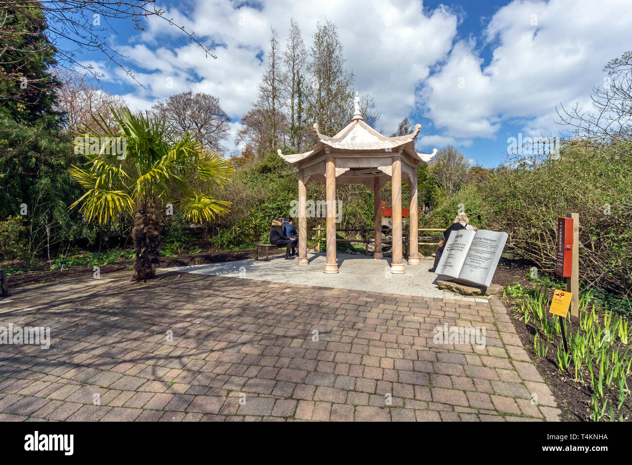 Chinese pavilion and hillside with red bridge at The Royal Botanic Garden Edinburgh Scotland UK Stock Photo