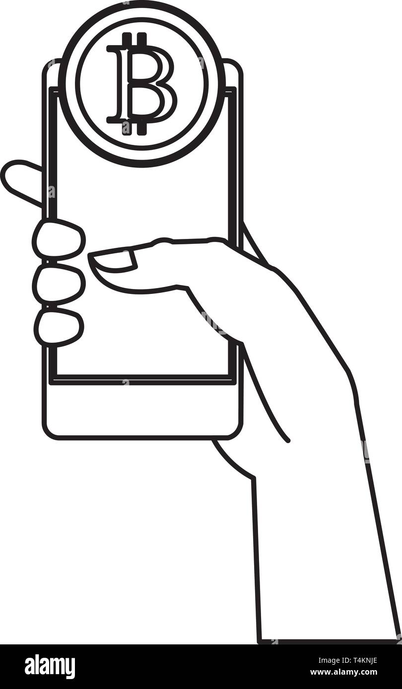 hand holding cellphone with cryptocurrency black and white Stock Vector ...