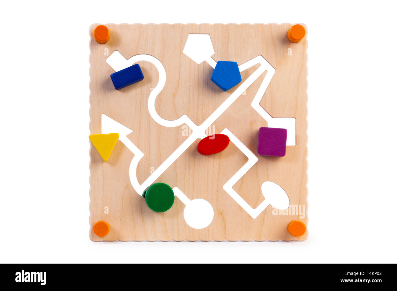 Сlose-up of a labyrinth with multi-colored puzzles on a wooden busy board- educational toy for children, babies on a white isolated background. A toy  Stock Photo
