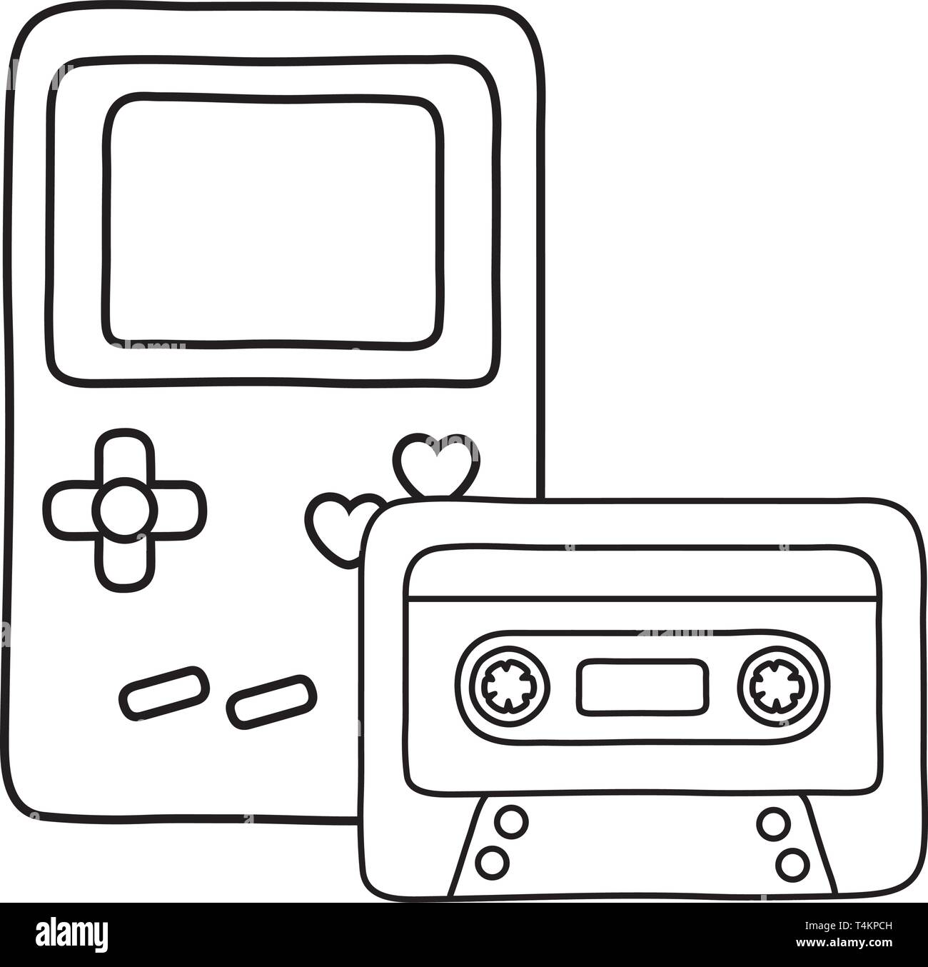 game boy and cassette icon cartoon black and white vector illustration ...