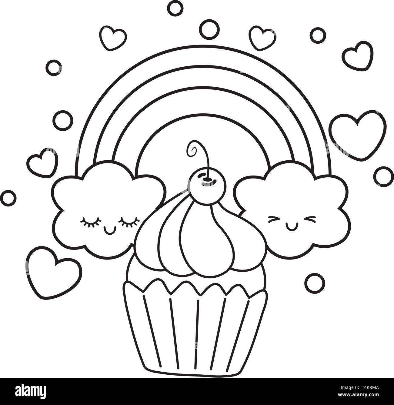 muffin and rainbow icon cartoon black and white vector illustration
