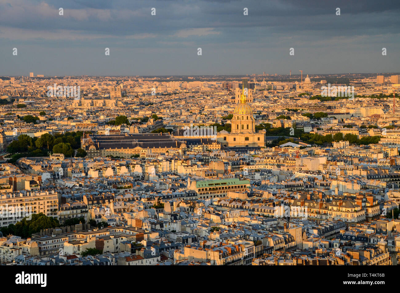 Paris, France skyline at dusk. Notre Dame, The Army Museum Musée de l'Armée, domes, historic buildings. Gold leaf, gilded dome. 7th arrondissement Stock Photo