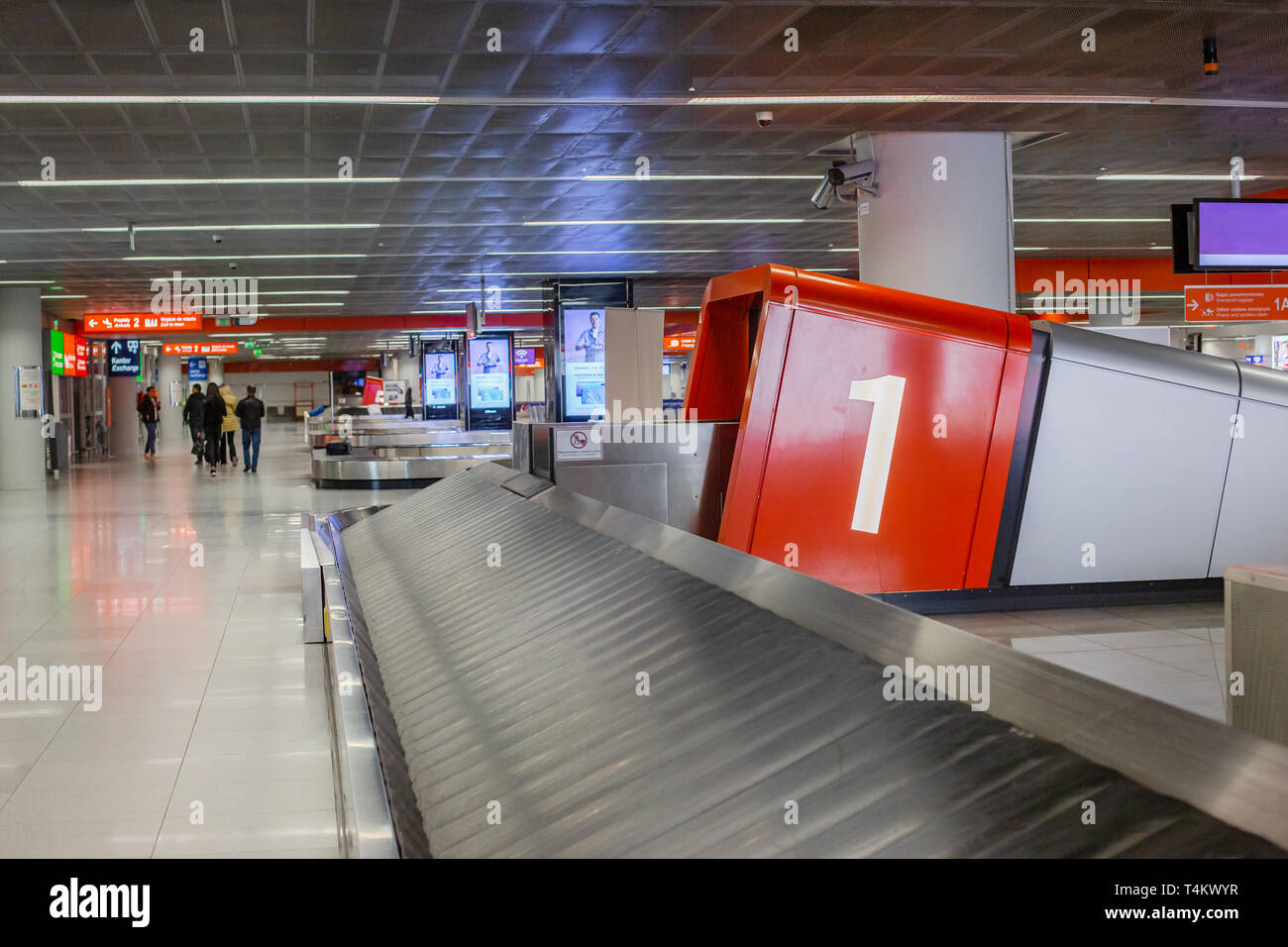 Scanner for baggage inspection. Empty tape to move hand luggage when scanning at the customs at the airport. Stock Photo