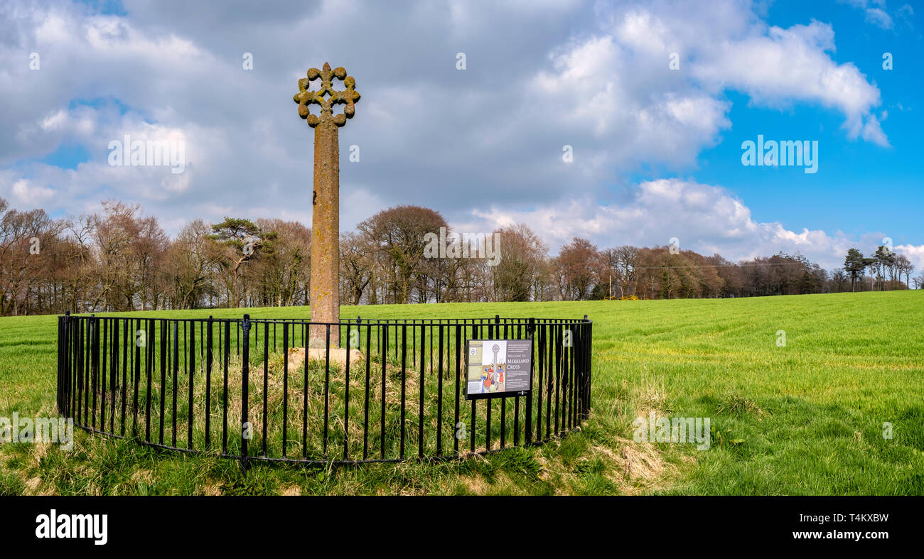 The Merkland Cross is one of the best preserved medieval wayside crosses in Scotland. There are a range of local traditions regarding its origins, one Stock Photo