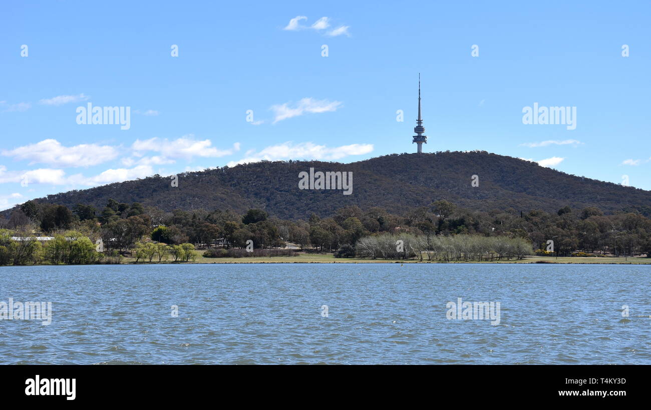 Panoramic view of Black Mountain Tower (Telstra Tower) and Lake Burley Griffin in Canberra