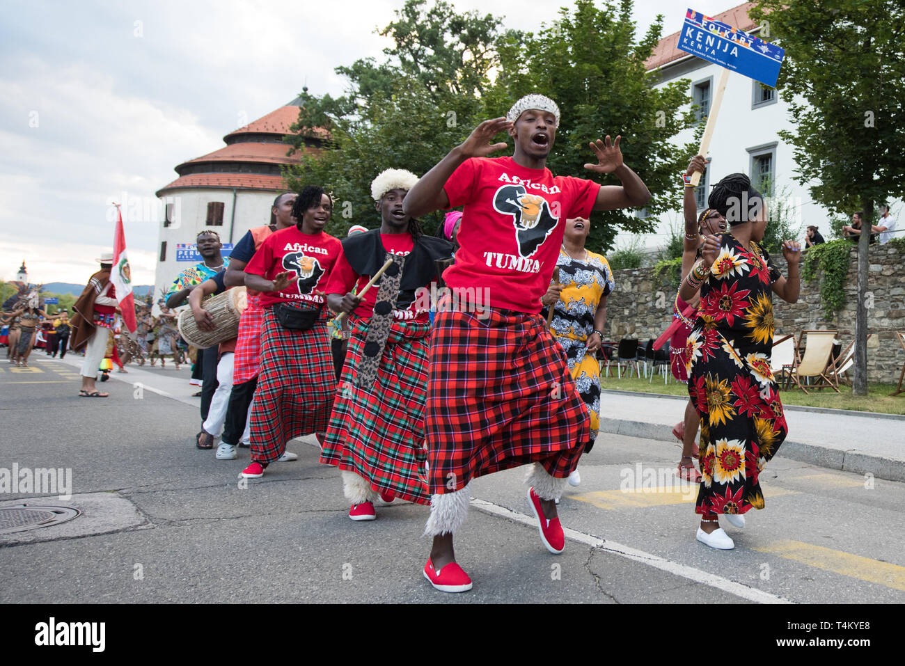 Members of African Tumbas from Nairobi, Kenya during the procession at 30th Folkart International CIOFF Folklore Festival, folklore sub-festival of Festival Lent, one of the largest outdoor festivals in Europe. Folkart, Festival Lent, Maribor, Slovenia, 2018. Stock Photo