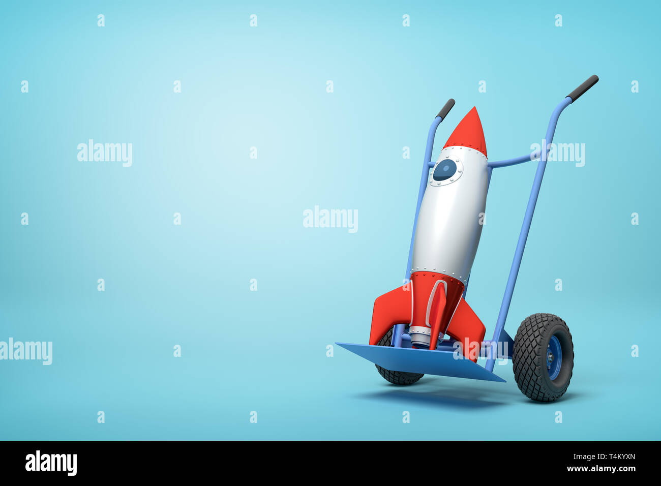 3d rendering of toy space rocket on blue hand truck which is standing in half-turn on light-blue background with copy space. Stock Photo