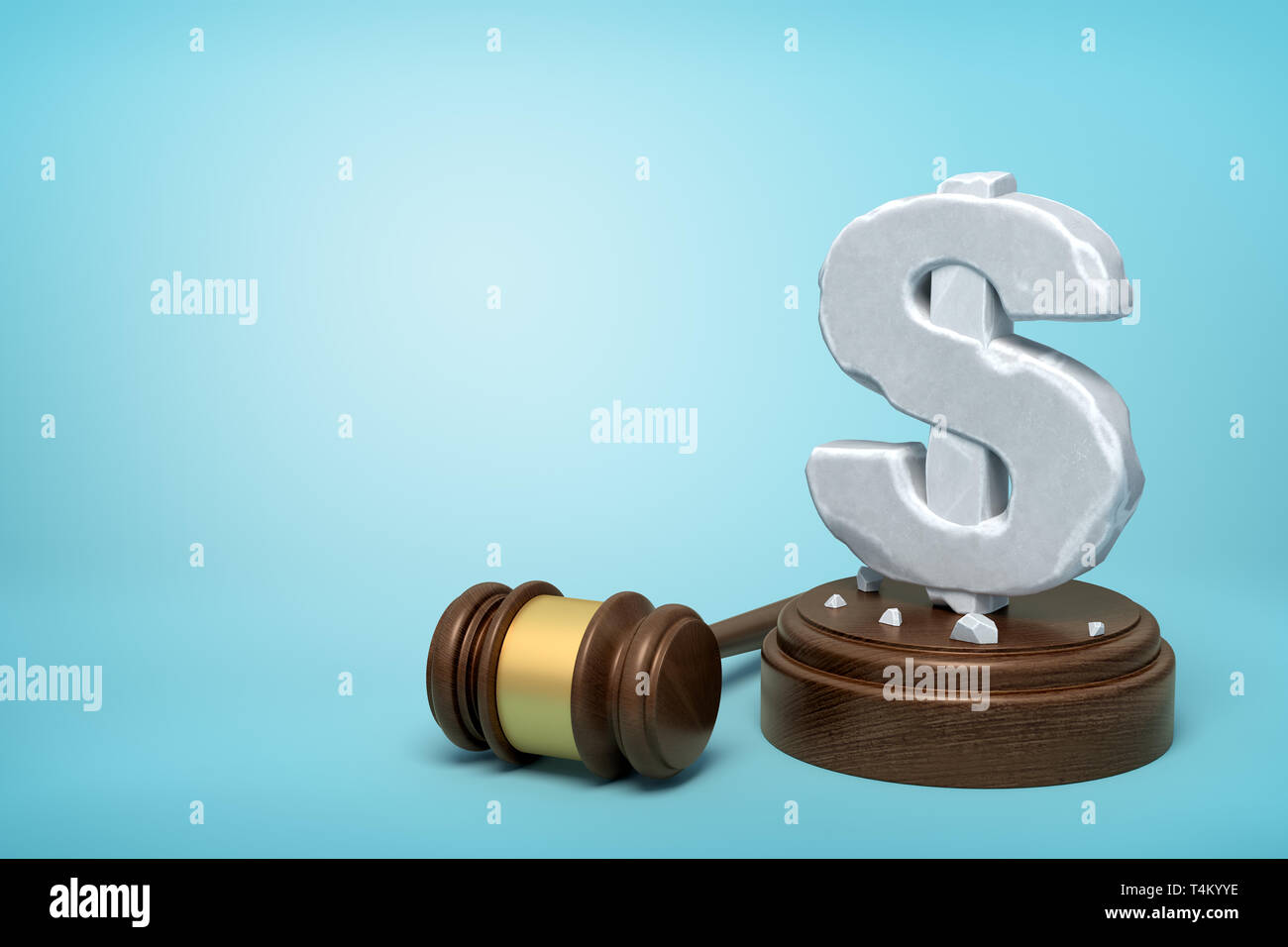 3d rendering of hefty stone dollar symbol standing on wooden sounding block with gavel beside on light-blue background with copy space. Stock Photo