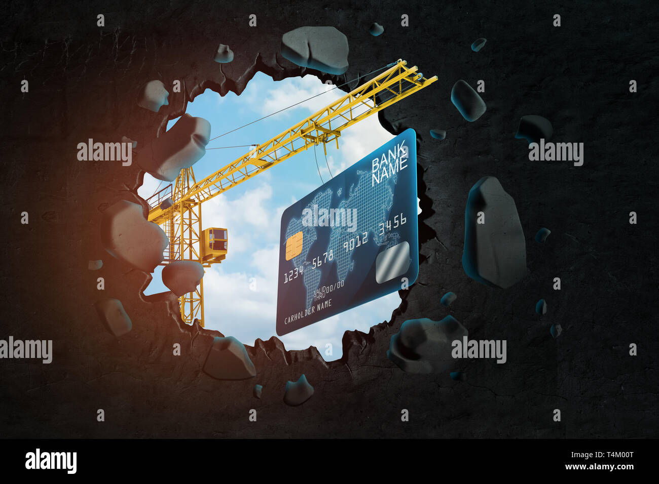 3d rendering of construction crane carrying big plastic credit card and
