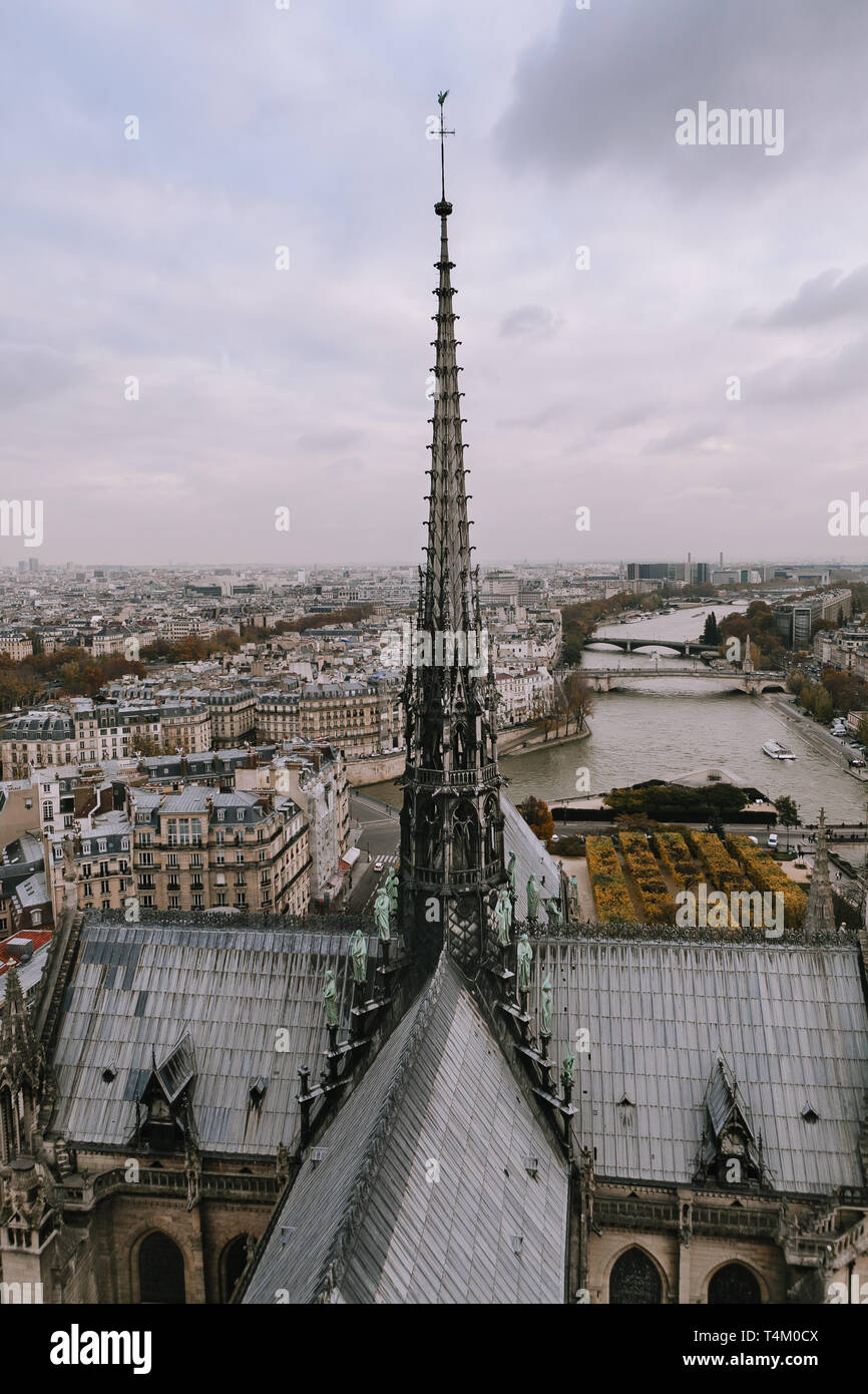 Vertical view of Notre Dame Cathedrals Spire and roof Stock Photo