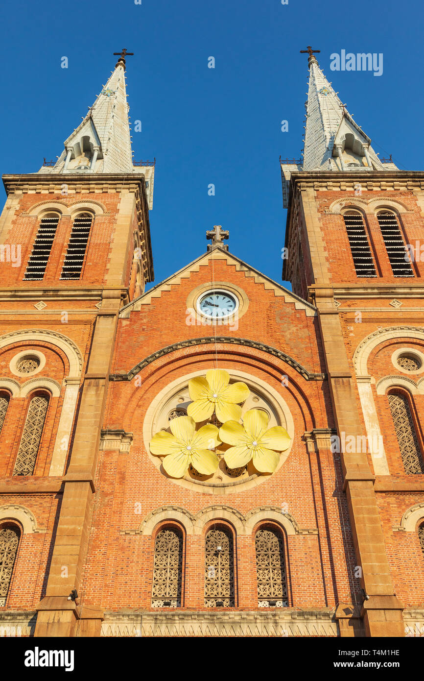 Detail of the twin square spires at Notre Dame Cathedral (1877 - 83) at the northwestern end of Dong Khoi. Ho Chi Minh city, Vietnam, Asia Stock Photo