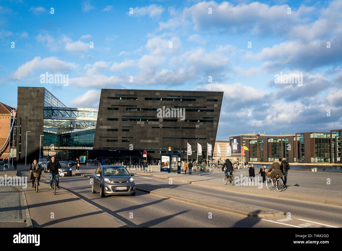 Black Diamond building, a modern waterfront extension to the Royal Danish Library's old building on Slotsholmen in central Copenhagen, Denmark Stock Photo