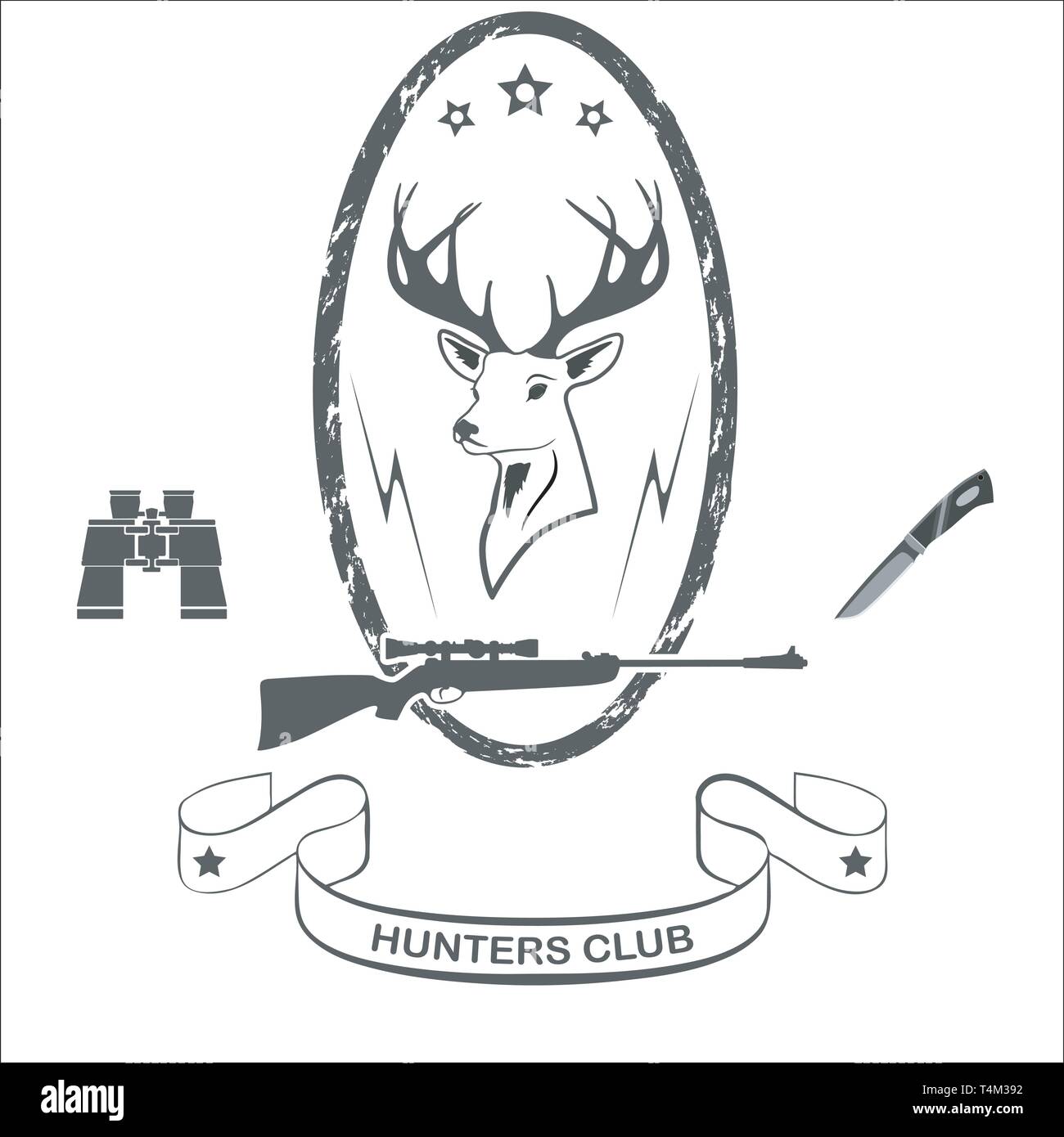 Head of a red deer, rifle with a sight, binoculars and a hunter's knife Stock Vector
