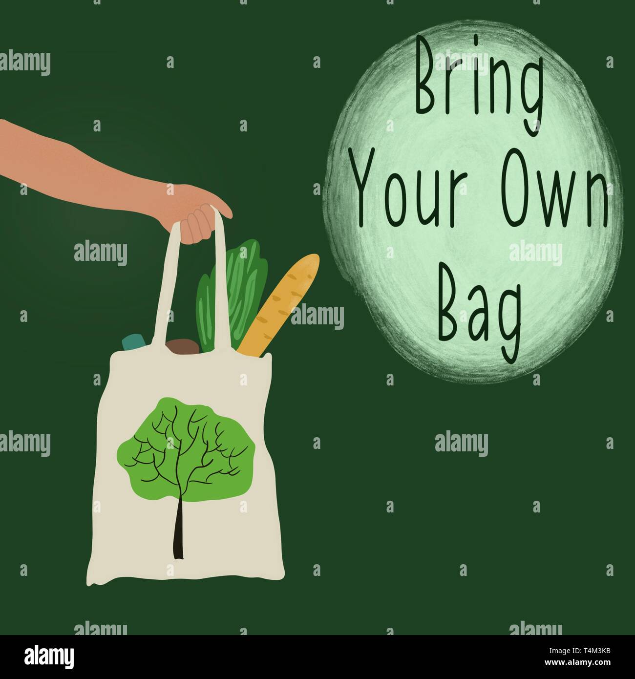 Bring Your Own Bag. Motivation Slogan with hand drawn Illustration of a hand, holding reusable
