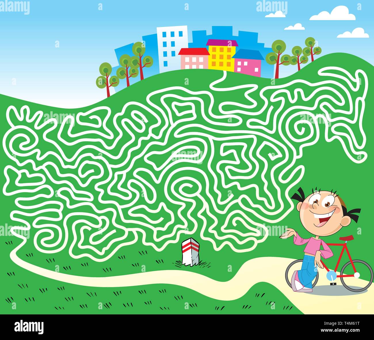 In vector illustration, a puzzle with a girl on a bicycle that must find a way home through a maze Stock Vector