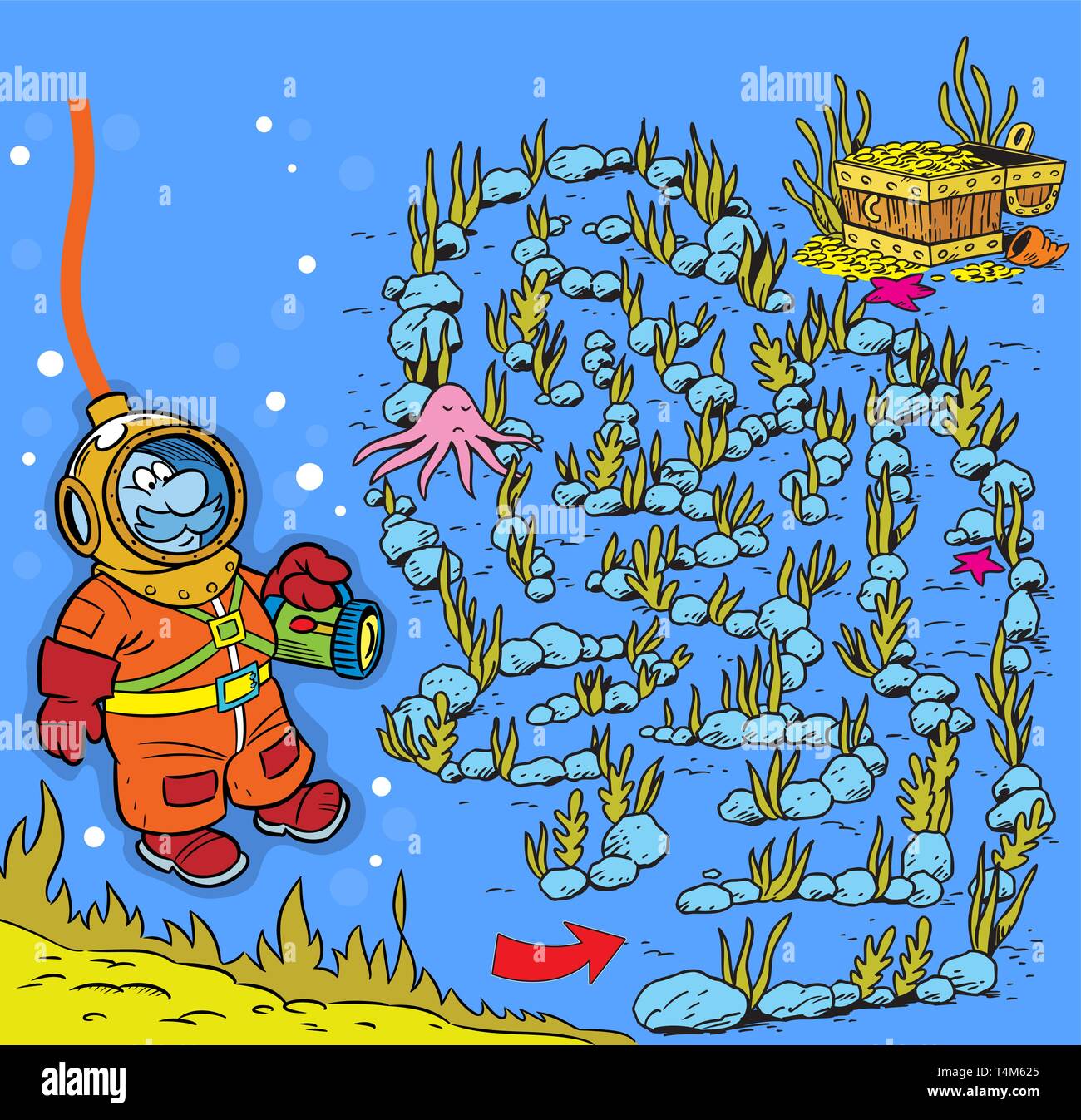In the vector illustration puzzle for children with a labyrinth of corals and a diver who is looking for a path to treasure. Stock Vector