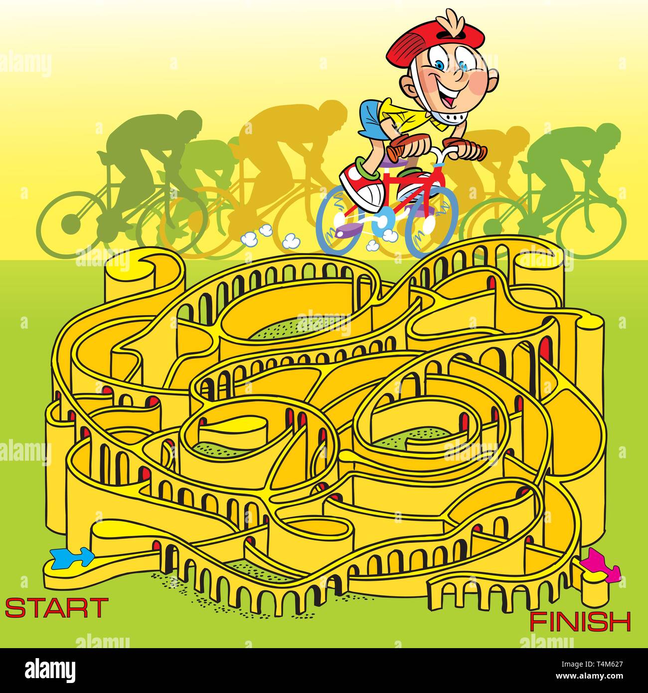 In vector illustration, a puzzle with a boy on a bicycle, he needs driven through a maze Stock Vector