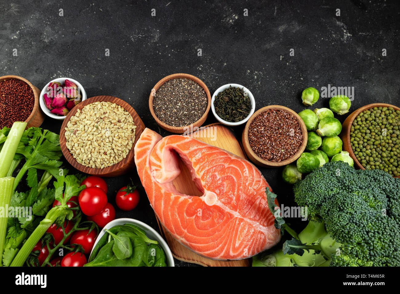 Set of healthy food flat lay. Selection of healthy eating fish