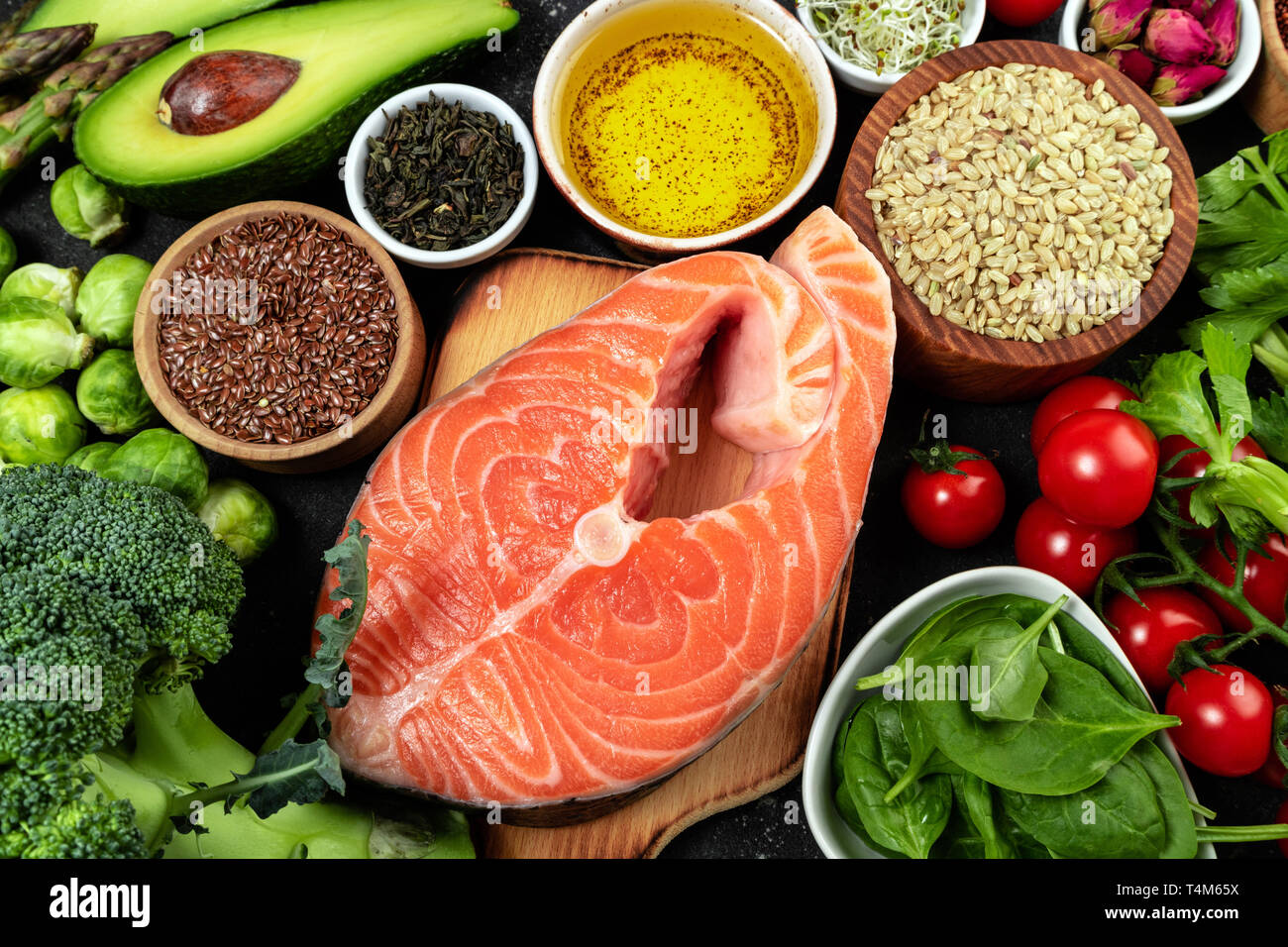 Set of healthy food flat lay. Selection of healthy eating fish