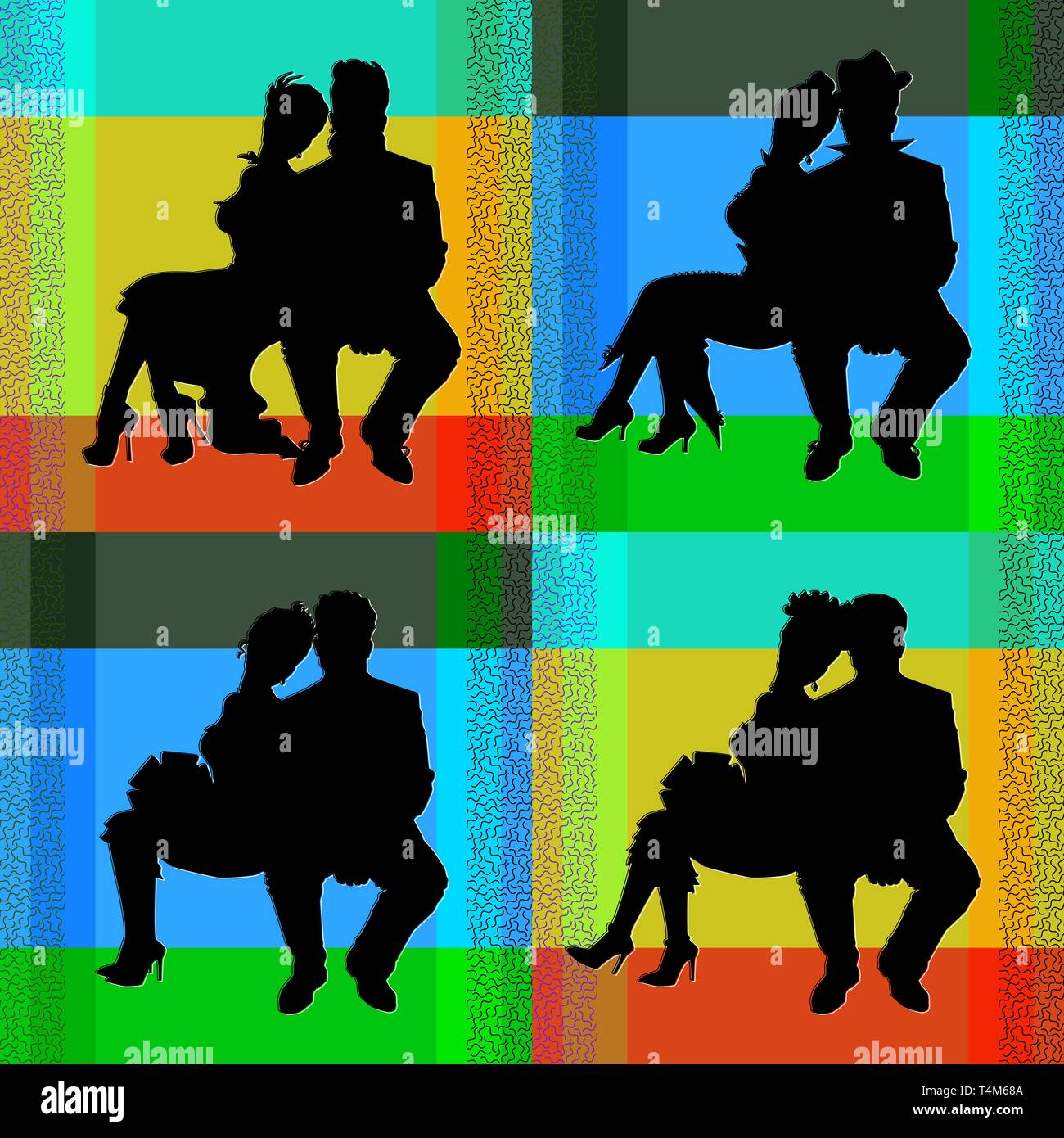 Collection of vector silhouettes on the theme of wedding. Men, women, couples sitting, standing, in motion. In costumes of different styles. Templates Stock Vector