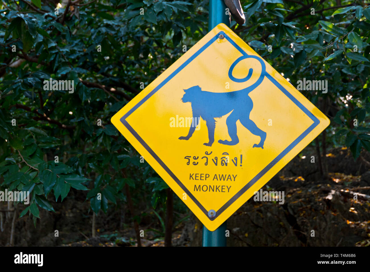 Warning about macaque monkeys, Phra Nakhon Khiri Historical Park, Phetchaburi, Thailand Stock Photo