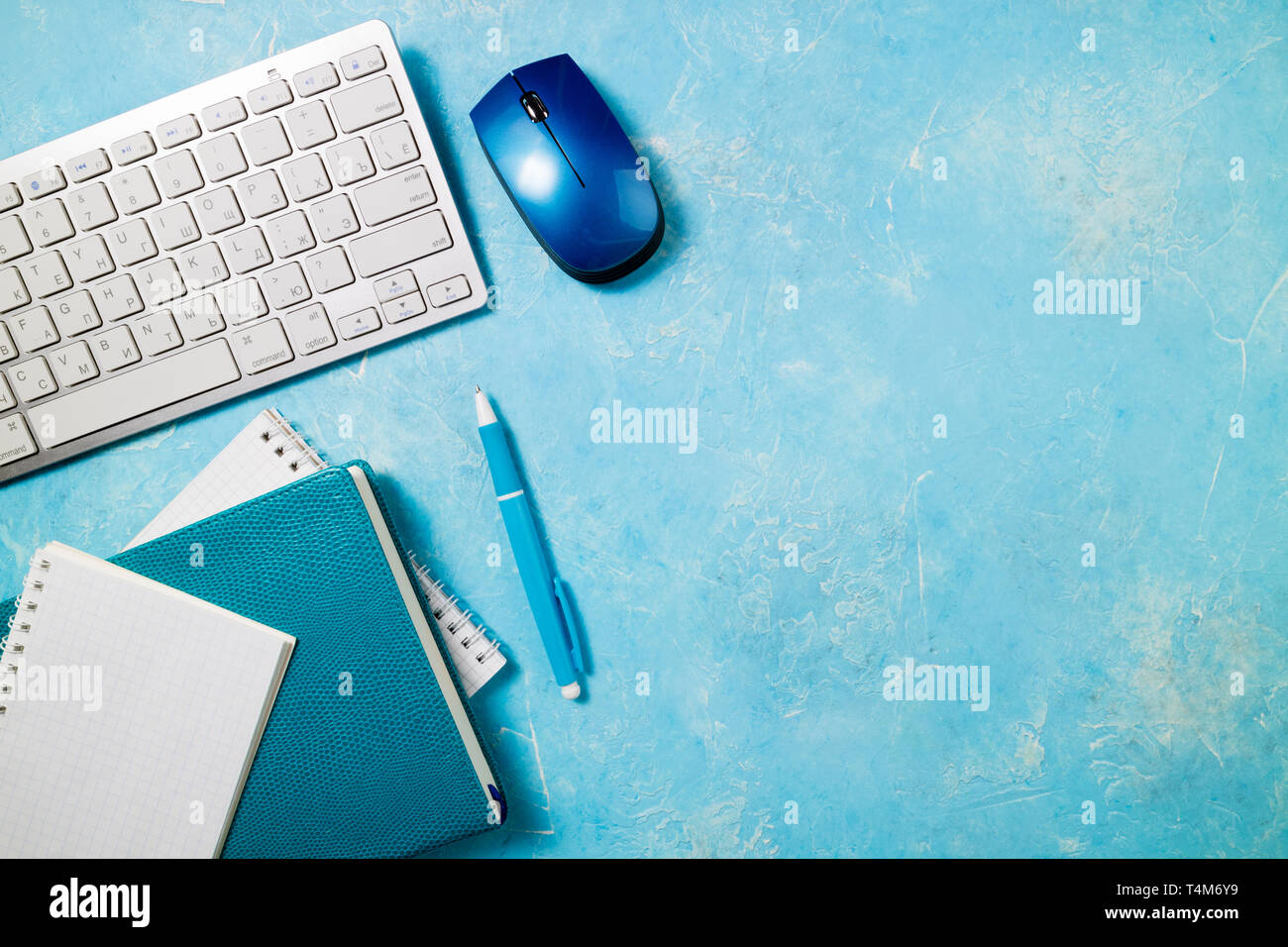Workplace with office supplies. Office desk with papers, keyboard