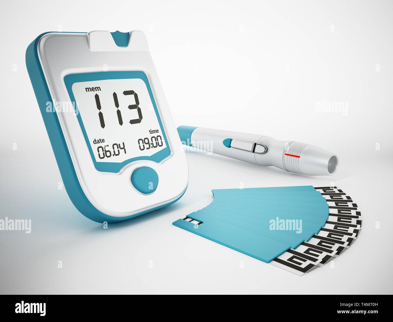 Blood glucose meter with strips isolated on white background. 3D illustration. Stock Photo