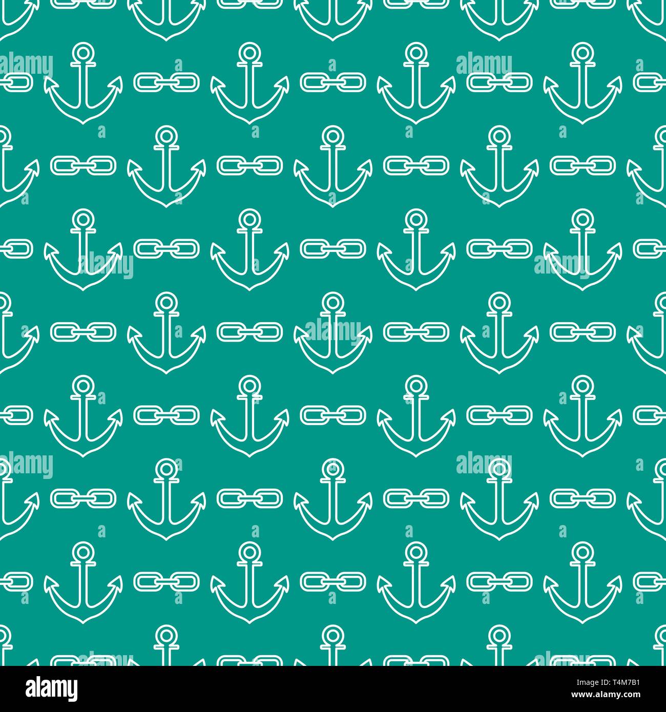 Seamless pattern with anchors and chains. Sea background. Design for banner, poster, textile, print. Stock Vector